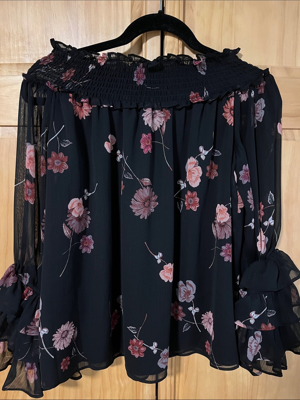 CeCe Black Floral Smocked-Neck Blouse with Pink Flowers - Picture 6 of 6